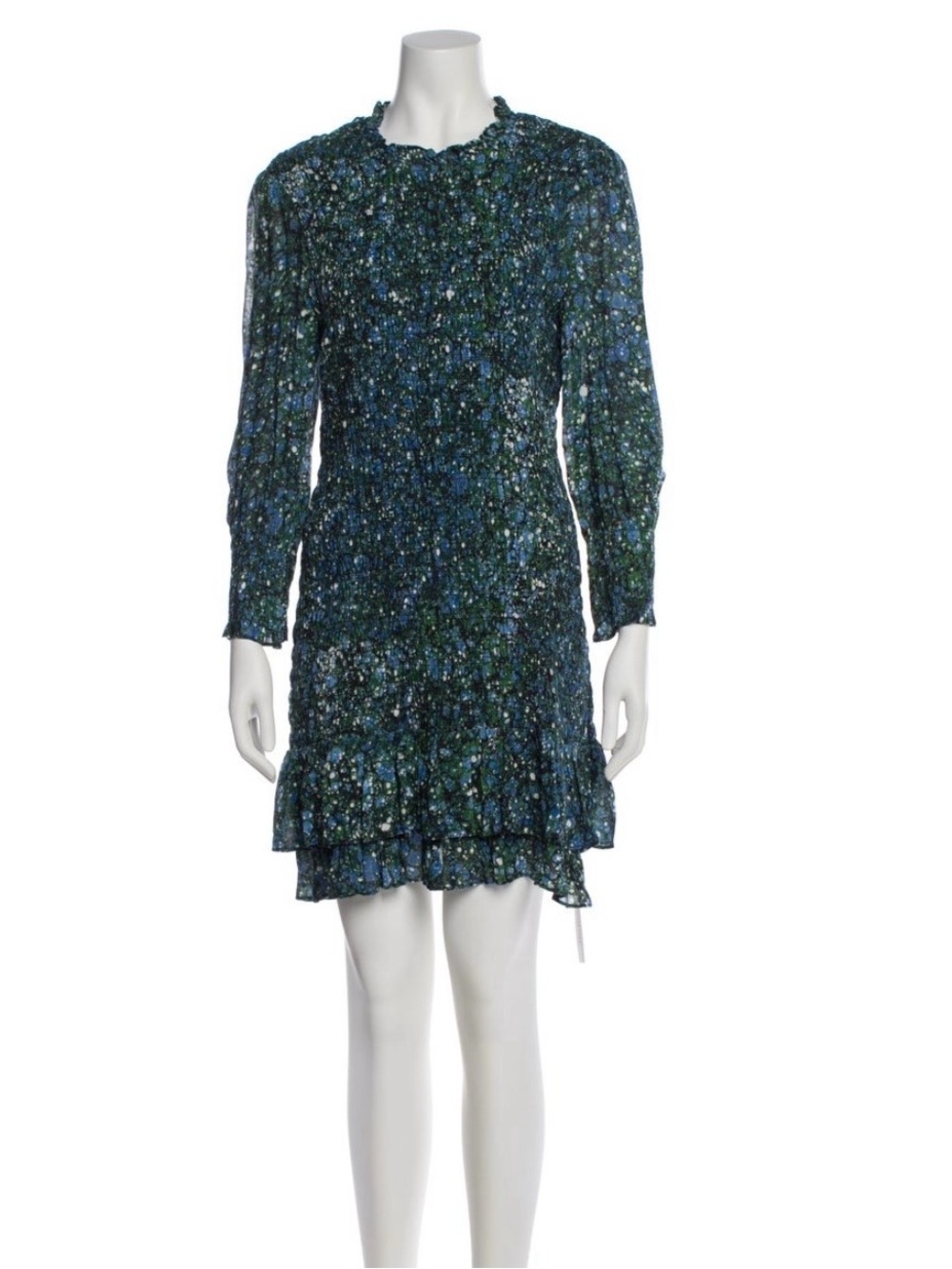 Veronica Beard Green and Navy Floral Smocked Long-Sleeve Dress, Size 10